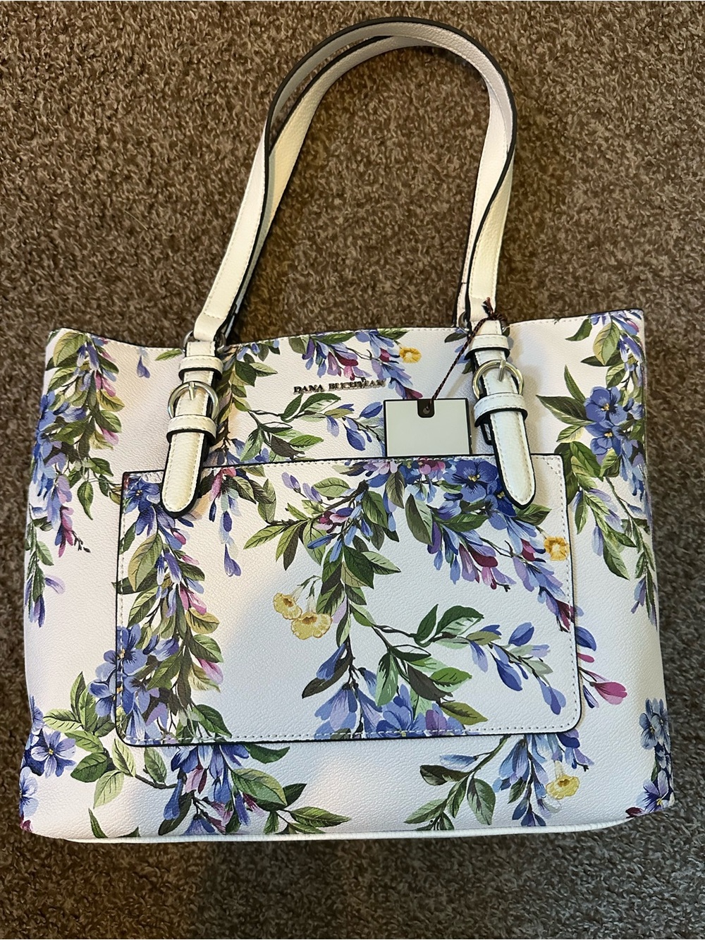 Dana Buchman White Floral Print Tote with Blue and Green Accents